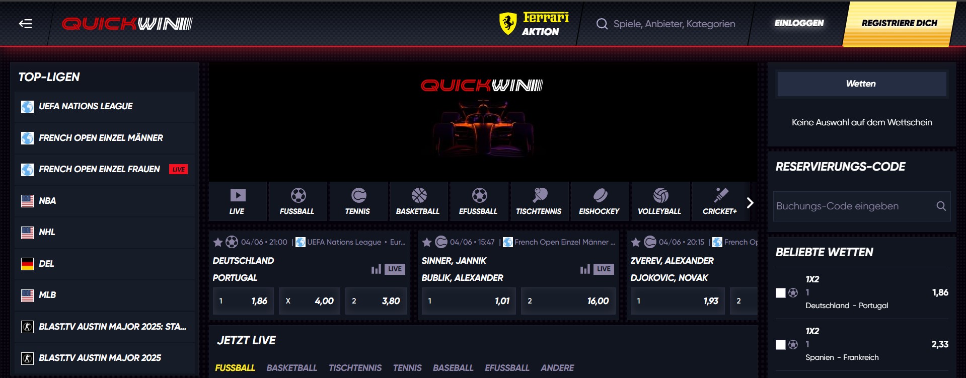  Eine Sportwetten-Webseite namens „QuickWin“ präsentiert verschiedene Wettoptionen für Top-Ligen wie UEFA Nations League, French Open, NBA, NHL, DEL und MLB. In der Mitte sind Live-Wetten für Fußball, Tennis, Basketball und Eishockey sichtbar. Rechts gibt es einen Bereich für beliebte Wetten und eine Eingabemaske für Reservierungscodes.